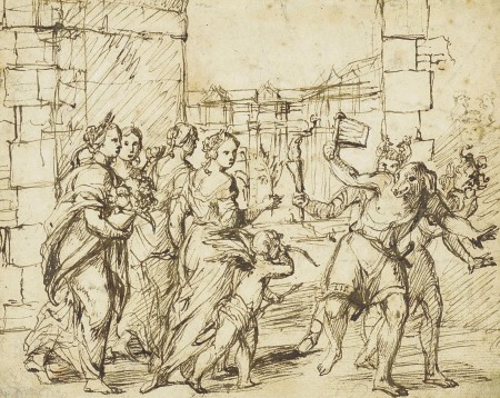 The Lupercalian Festival in Rome (ca. 1578–1610), drawing by the circle of Adam Elsheimer, showing the Luperci dressed as dogs and goats, with Cupid and personifications of fertility